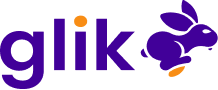 Texto del logo de Glik en morado con letras moradas y foto de un conejo